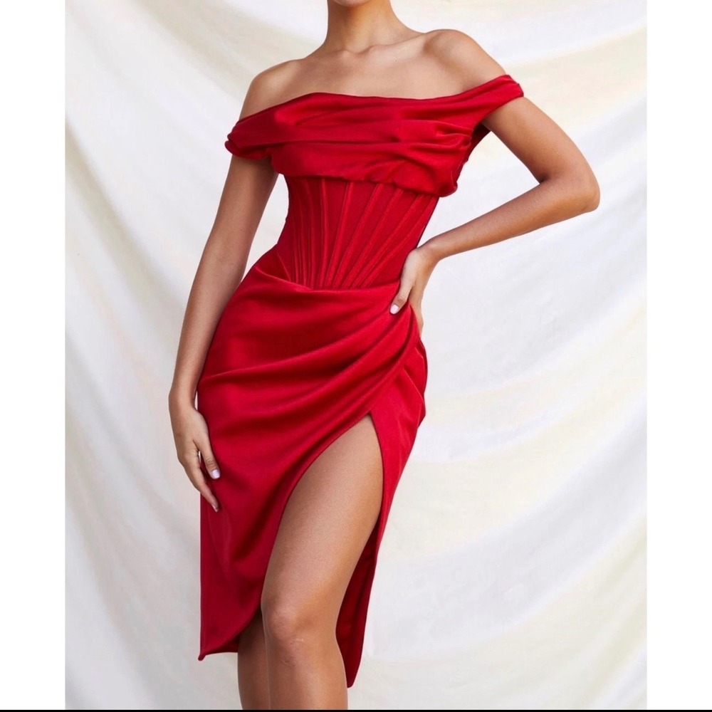 House of CB London Red Satin Corset Midi Dress Off Shoulder Wrap Skirt Size M